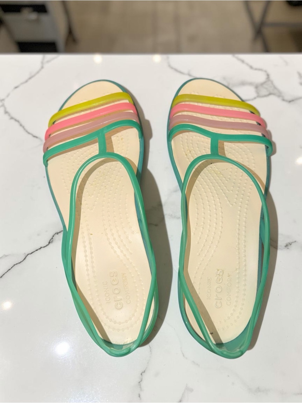 Crocs Women’s Multicolor Jelly Flat Sandals - Green Trim
